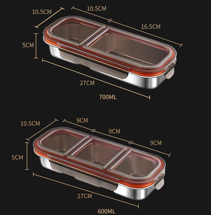 2 Piece Stainless Steel Snack Containers with Lids, Reusable 3 Compartment Snack Containers, Divided Food Storage Containers Box Sauce Cups for School, Travel, Home (3 Compartment-black)
