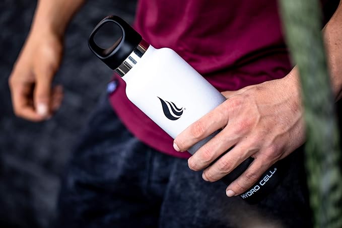 HYDRO CELL Stainless Steel Water Bottle with Straw & 2 Standard Mouth Lids (32oz 24oz 20oz 16oz) Keeps Liquids Hot or Cold w/Double Wall Vacuum Insulated Leak Proof Sport Design (Black/White 32oz)