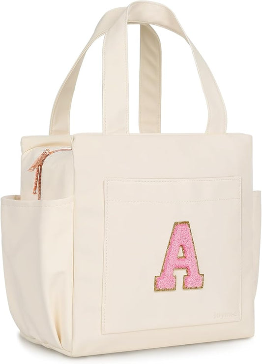 Joymee Leather Lunch Box Lunch Bag for Women Adult Insulated Reusable Leakproof Large Spacious Lunch Cooler Lunch Tote Bag with Bottle Holder and Side Pockets for Work Picnic Beach (Letter A)