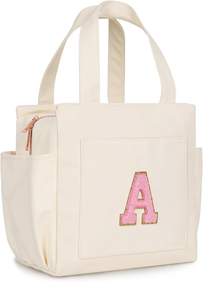 Joymee Leather Lunch Box Lunch Bag for Women Adult Insulated Reusable Leakproof Large Spacious Lunch Cooler Lunch Tote Bag with Bottle Holder and Side Pockets for Work Picnic Beach (Letter A)