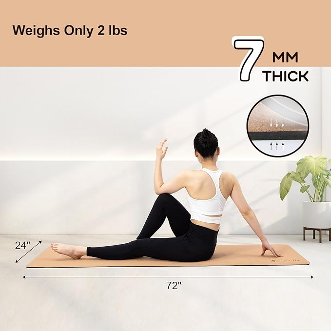 StrongTek Eco-Friendly Cork Yoga Mat, 7mm Thick, 72"x24", Cork+TPE, 2 lbs, Non-Slip, Lightweight & Cushioned Mat for Hot Yoga, Pilates & Home Fitness, Durable Surface with Natural Grip and Carry Strap