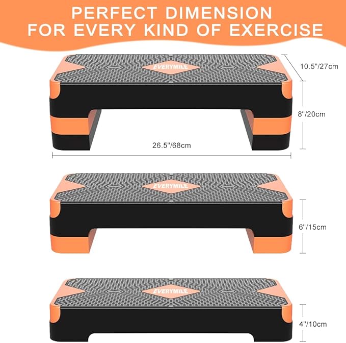 EVERYMILE Aerobic Exercise Step, Adjustable Aerobic Stepper for Exercise, Workout Step Platform, Step Up Box, 26.5" Step Deck with 4” 6” 8” Adjustable Height Risers, Women Home Gym Fitness