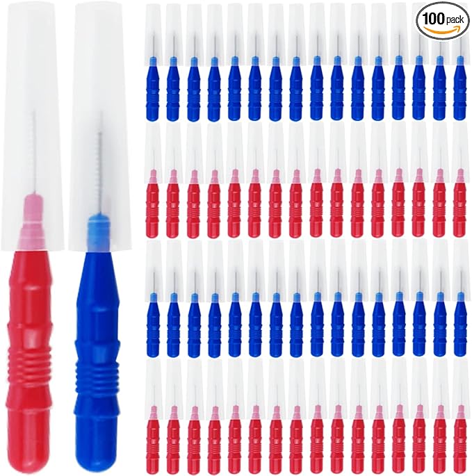 GXXMEI 100PCS Braces Dental Brush Flosser for Cleaner Interdental Brush Toothpick Dental Tooth Flossing Head Oral Dental Hygiene Toothpick Cleaners Cleaning Tool (Red and Blue)