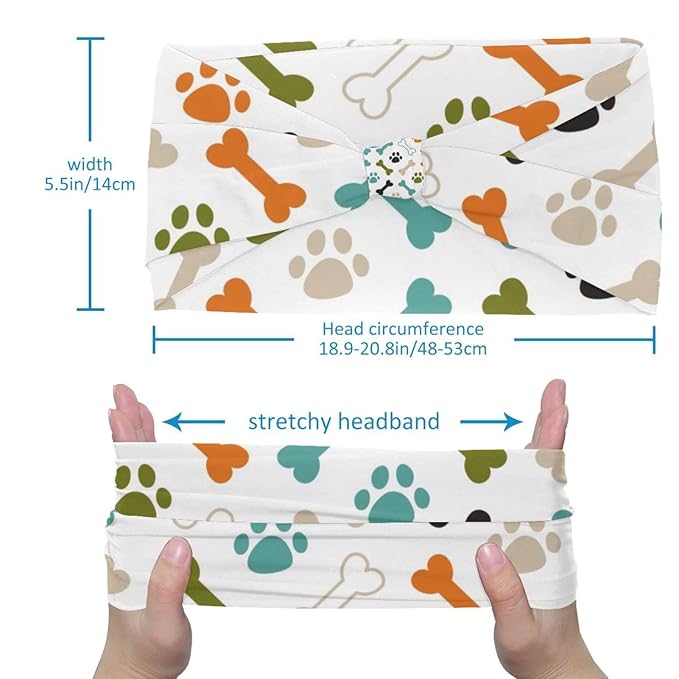 Wide Headbands for Women, Colored Dog Cat Paw Footprint and Bones Hairband for Women Non Slip Sports Head Bands for Women's Hair
