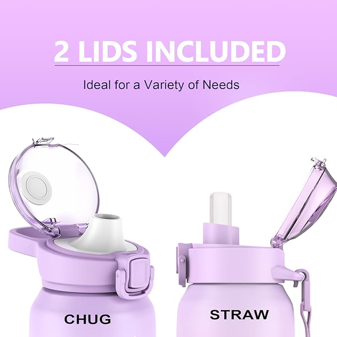 24oz Insulated Water Bottle 18/10 Stainless Steel with 2Lids(Straw Lid& Spout Lids), 700ml Double Wall Vacuum Water Bottle with Handle Keep Cold and Hot for Men, Women & Kids PURPLE PINK