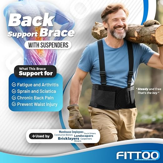 FITTOO Working Lumbar Lower Back Brace Support Belt with Adjustable Straps - Back Pain Relief, Injury Recovery, Heavy Lifting Support, Back Brace with Suspenders