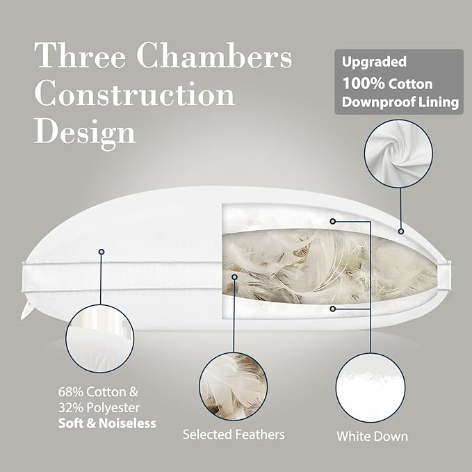 Globon Luxury Feather Down Pillow Standard Queen Size for Sleeping, Hotel Collection Fluffy Pillow, Low Soft Gusseted Bed Pillows, 18"X26", Pack of 1