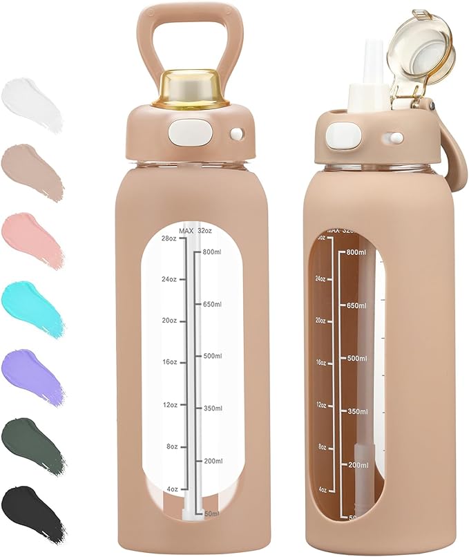 SIEROZUR 32 Glass Water Bottle with Straw and Handle Motivational Water Bottles with Silicone Sleeve and Time Marker Leakproof Borosilicate Water Bottle for Gym Home Office