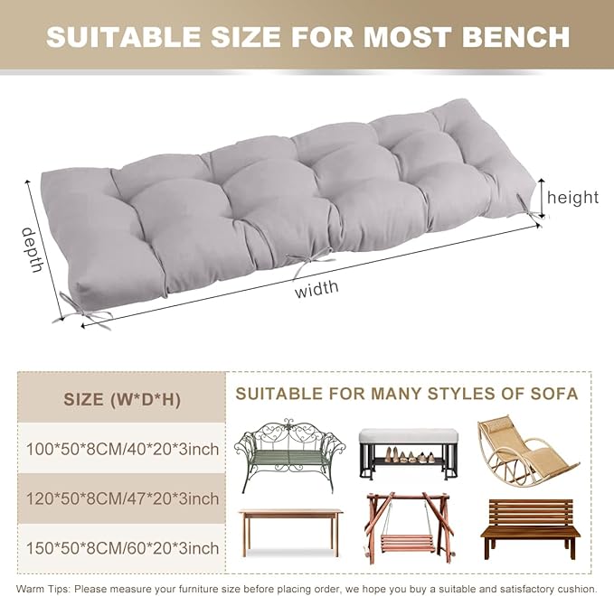 Outdoor Bench Cushion 47inches Waterproof & Fade Resistant Patio Furniture Cushions Tufted Fresh Porch Swing Lounger Loveseat Pads with Straps(Light grey-47x20in)