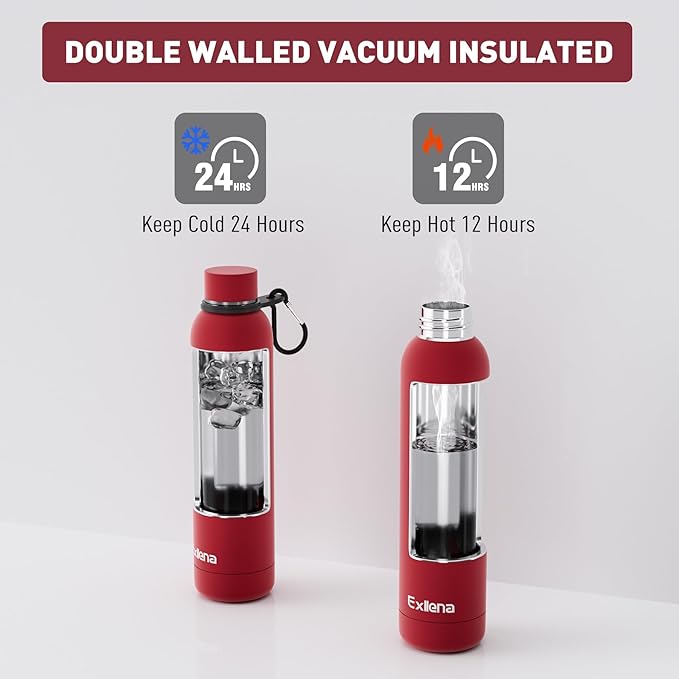 Slim Insulated Water Bottles for Travel 25oz with Clip, Double Wall Vacuum Stainless Steel Water Bottle Keeps Drinks Cold 24 Hrs/Hot 12 Hrs, 100% Leakproof, BPA Free（Red）