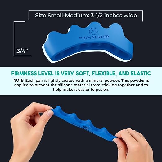 2.0 FIRM EDITION Toe Separators - Extra Firm, Stretchy & Flexible - Thicker & More Durable - Dr. Recommended - Loved by Those with Bunions or Plantar Fasciitis - Toe Spacers for Athletic Mobility (Blue, S/M)