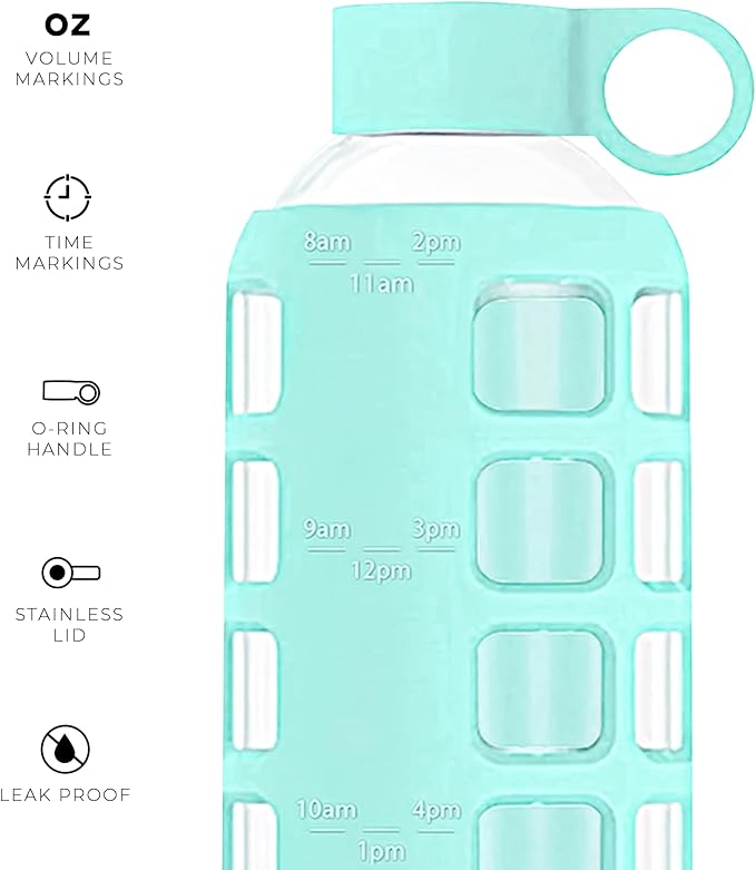 purifyou 40oz / 32oz / 22oz / 12oz Borosilicate Glass Water Bottle with Time & Volume Markers, Silicone Sleeve, Stainless Steel Lid | Reusable Glass Bottle for Water & Juice (22oz Glow-in-the-Dark)