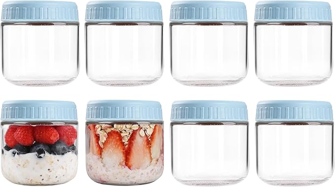 Overnight Oats Containers with Lids, 10oz Glass Jars with Lids 8 pcs, Light Blue, Wide Mouth Mason jars for Salad, Yogurt, Snacks, Meal Prep