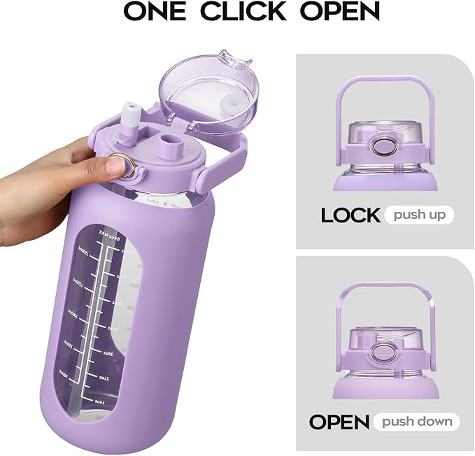 74 oz Glass Water Bolttles with Straw Large Motivational Water Bottle with Time Marker Sports Water Bottles with Silicone Sleeve and Handle Lid 2.2L Water Jug for Gym Workout