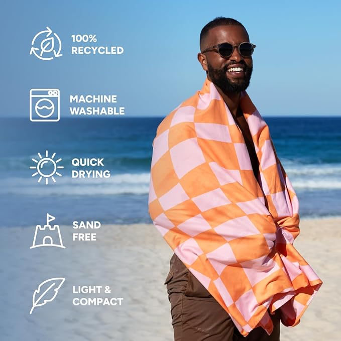 Dock & Bay Beach Towel - Quick Dry, Sand Free - Compact, Lightweight - 100% Recycled - Includes Bag - Groovy Check - Large (160x90cm, 63x35)