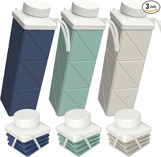 Collapsible Water Bottles 720ml 24.3oz, Foldable Portable Water Bottle, Lightweight Reusable Leakproof for Travel Camping Hiking Sports Outdoor School, 3 Pack, Dark Blue+Green+Starlight