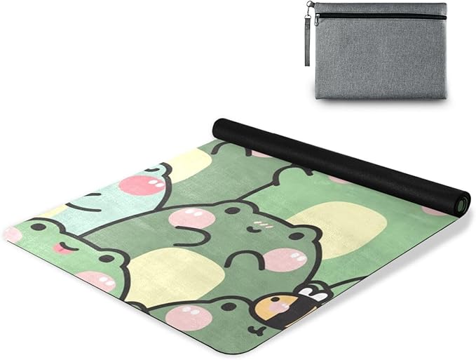 Cute Chubby Frog Yoga Mat, 71 x 26 Inch Non-slip Yoga Mats Folding Travel Exercise Mat Indoor Outdoor Gym Pilates with Storage Bag for Women Men