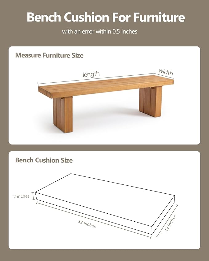 32x12x2 Outdoor Bench Cushion, Strengthen Waterproof Seat Cushions, High-Density Bench Pad with Anti-Slip Bottom, Outdoor Cushion for Patio Garden Swing Furniture - Khaki