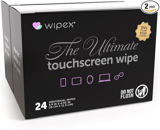 Wipex Ultimate Car Screen Cleaner - 48ct Auto Screen Wipes, Streak-Free & Residue-Free, Plant-Based Black Cloth for Interior, Mirrors & Dashboard, 24ct Individually Wrapped (Pack of 2)