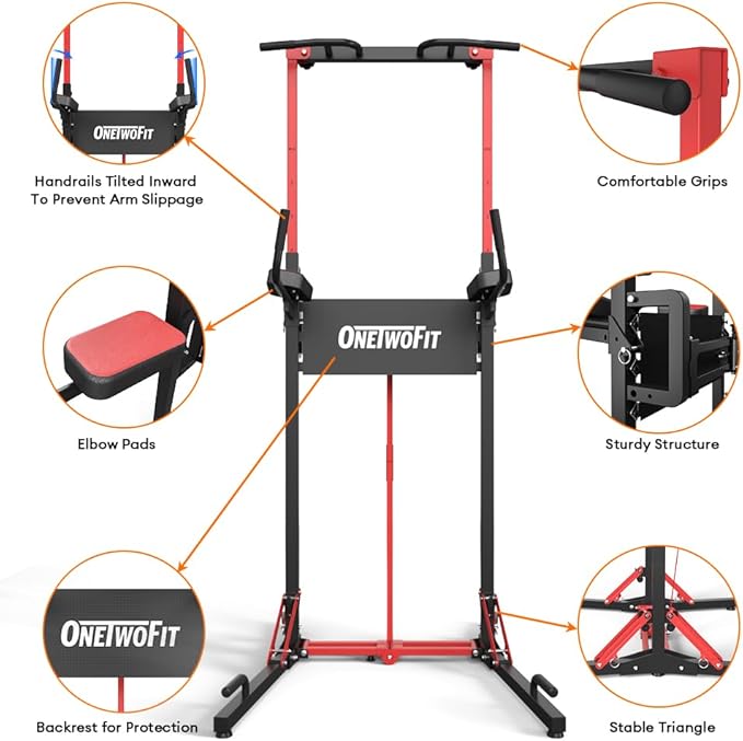 ONETWOFIT Foldable Power Tower Pull Up Bar Station, Multi-Function Adjustable Height Dip Station for Home Gym Workout, Strength Training Fitness Equipment, Pull Up Stand