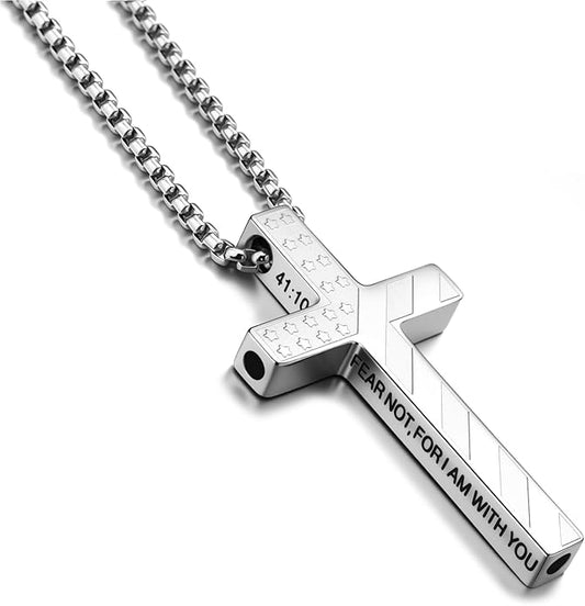 American Flag Cross Breathing Necklace for Women Men Quit Stop Smoking Stainless Steel Inspirational Bible Verse Anxiety Relief Mindfulness Jewelry for Stress Relief Christian Meditation Gift