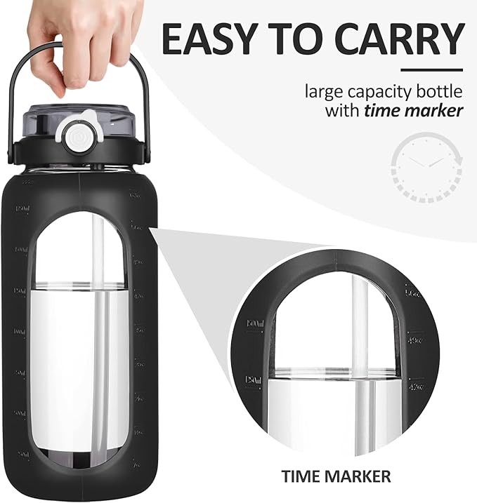 BLUEGO 64oz Glass Water Bottles with Straw Time Marker Half Gallon Large Motivational Water Bottle with Silicone Sleeve 2 Liter Large Glass Water Jug Daily, Black