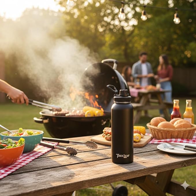 Travel Water Bottle with Carrying Bag, 3 Lids (Spout, Straw, Handle), and Bottle Brush; Leak Proof, Quality, Vacuum Insulated, Stainless Steel (Black, 40 oz)