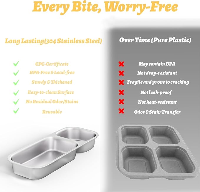 Stainless Steel Snack Containers for Kids Adults, 4 Pack 2 Compartment Metal Snack Containers Box with Lid, Reusable Food Storage Container, Leak Proof, Grab and Go