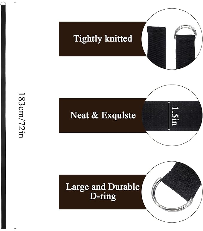 10 PCS Yoga Belt Strap for Stretching, Exercise Belt with Metal D Ring, 6 Feet Yoga Stretching Strap with Loops, Adjustable for Gym, Pilates & Physical Therapy, Black