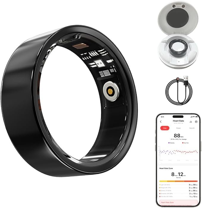 Smart Health Ring for Women Men Fitness Tracker with Heart Rate, Blood Oxygen, HRV, Sleep Monitoring, Step Counting, IP68 for iPhone and Android, No Subscription Fee (Black, 11#)
