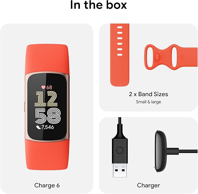 Fitbit Charge 6 Fitness Tracker with Google apps, Heart Rate on Exercise Equipment, 6-Months Premium Membership Included, GPS, Health Tools and More, Gold/Coral, One Size (S & L Bands Included)