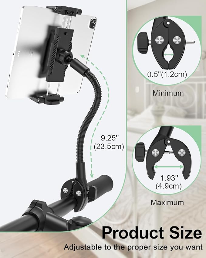 Gooseneck Handlebar Tablet Holder for Bicycle/Treadmill/Stroller, Wheelchair Tablet Mount with Flexible Arm for iPad Pro/Air/Mini, Galaxy, 6.1-15.6" Devices and Thickness Cases [Up to 1.18"]