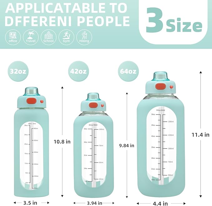 SIEROZUR 64 oz Glass Water Bottle with Straw and Handle Large Sports Motivational Water Bottle Flask with Time Marker Leakproof Water Jug with Silicone Sleeve for Gym