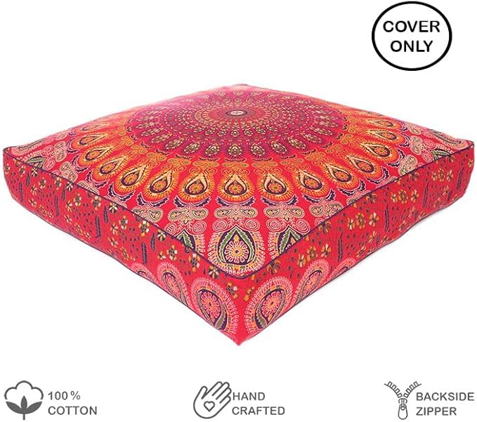 Eyes of India - Mandala Floor Pillow Cover Meditation Cushion Seating Throw Hippie Round Colorful Decorative Bohemian Indian Pouf Ottoman Handmade Cover ONLY (Red, 35" x 35")