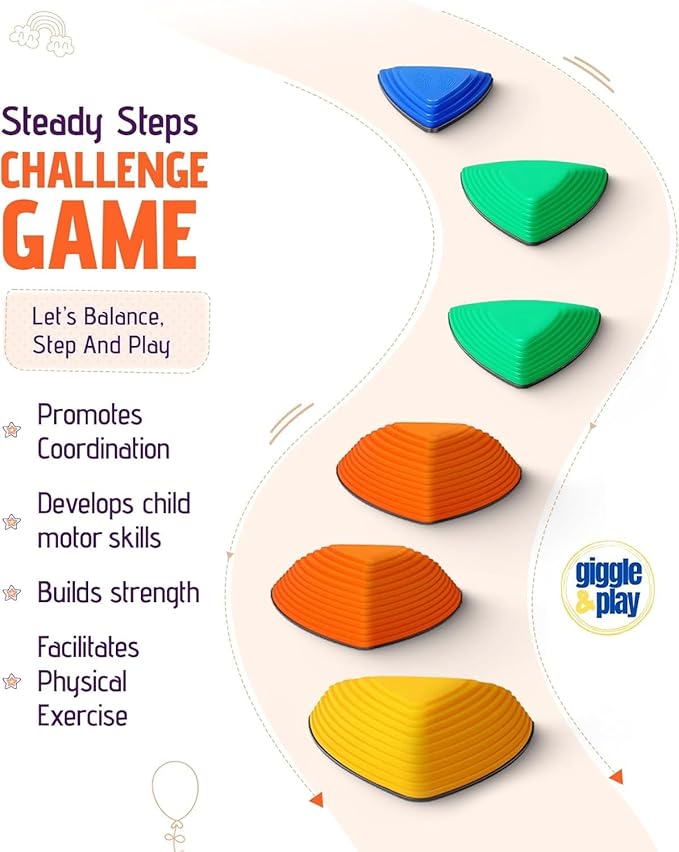 Giggle & Play Stepping Stones For Kids, Set Of 12, Montessori Indoor and Outdoor Balance Stepping Stones, Promotes Coordination, Balanced Strength Child Safe Rubber, Sports, Vibrant Colors, Non-Slip Edges