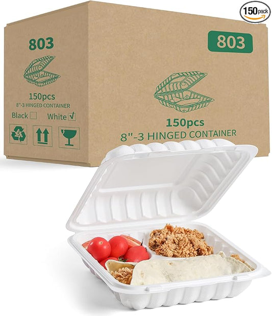 YANGRUI To Go Food Containers, Reusable 150 Pack 8 Inch 34 OZ MFPP Meal Prep Container BPA Free Microwave Freezer Safe Plastic Hinged White Clamshell Take Out Food Boxes