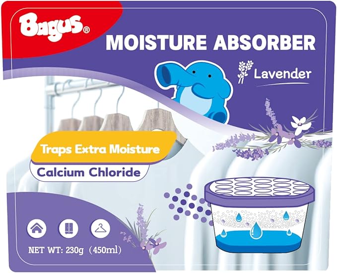 Bagus Moisture Absorbers Boxes (4 Pack) - 10.5 Oz Dehumidification Containers for Closet, Bathroom, Storage, Kitchen, Car, RV, Boat | Long-Lasting Humidity Control & Odor-Free Solution(Lavender Scent)