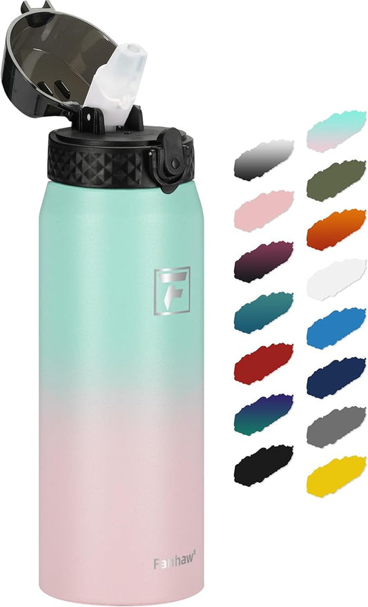 Fanhaw 24 Oz Stainless Steel Insulated Sports Water Bottles with Straw for Kids, Men and Women (Green Pink)