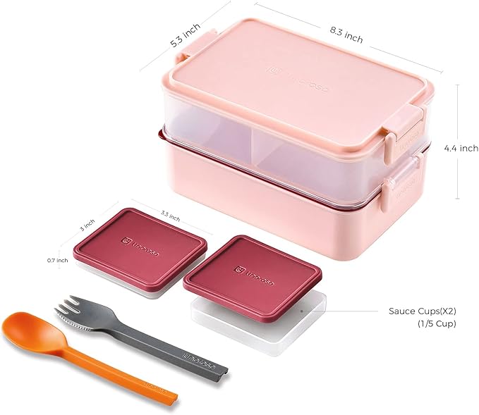 linoroso Stackable Bento Box Adult Lunch Box | Meet All You On-the-Go Needs for Food, Salad and Snack Box, Premium Bento Lunch Box for Adults Include Utensil Set, Dressing Containers - Frozen Berry