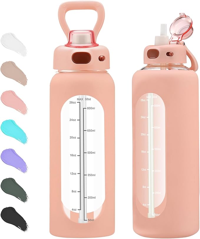 SIEROZUR 32 Glass Water Bottle with Straw and Handle Motivational Water Bottles with Silicone Sleeve and Time Marker Leakproof Borosilicate Water Bottle for Gym Home Office