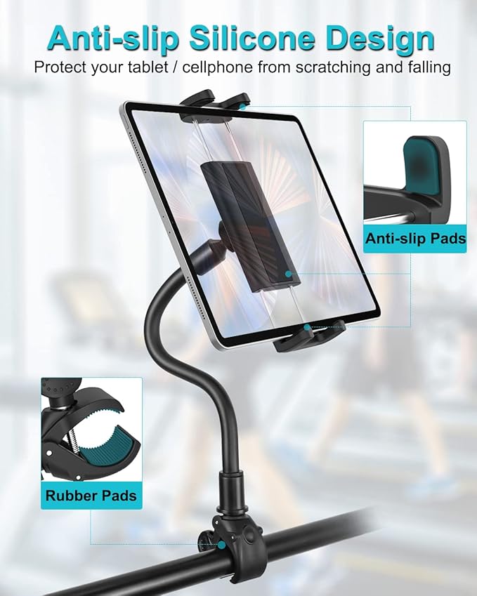 Gooseneck Indoor Cycling Tablet Mount, Spin Bike Tablet Holder for Stationary Treadmill Elliptical, 360° Rotation Handlebar Clamp for iPad Pro Mini Air, Galaxy Tab/Z Fold, iPhone,4-12.9" Device
