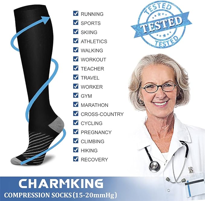 CHARMKING Compression Socks for Women & Men Circulation (8 Pairs) 15-20 mmHg is Best Support for Athletic Running,Hiking