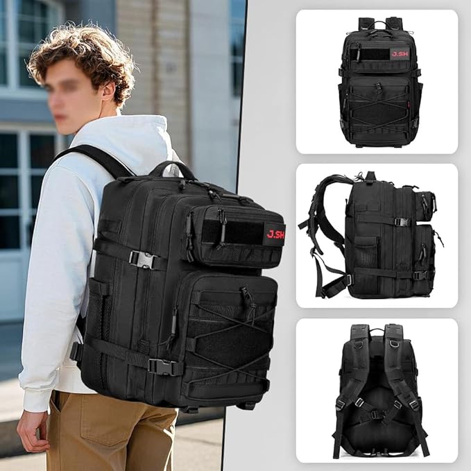 J.SH 45L Large Capacity 3-Day Tactical Backpack, Waterproof & Tear-Resistant, MOLLE System, Adjustable Straps (chest strap and waist strap), Hiking Backpack for Men & Women - Black