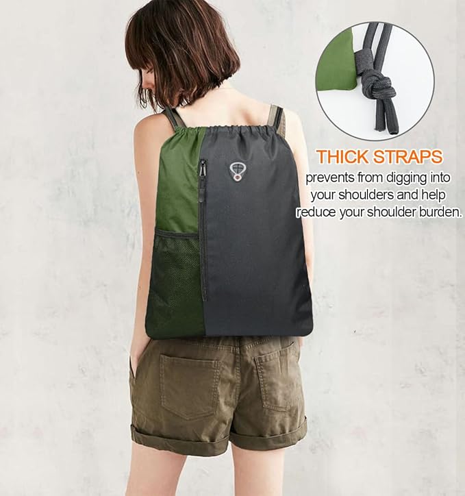 BeeGreen Moss Green Drawstring Backpack Gym Bag For Men & Women – Sports Sackpack with Mesh Water Bottle Holder & 2 Zippered Pockets – Large 16x20 Inch Cinch String Backpack