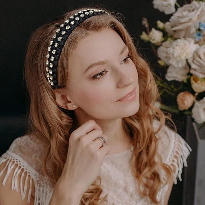 Madison Tyler Rhinestone Headbands for Women | Black Handmade Outdoor Jeweled Hair Band for Girls | Thin Hair and Thick Hair | Skincare and Boho Spring Headband for Women's hair