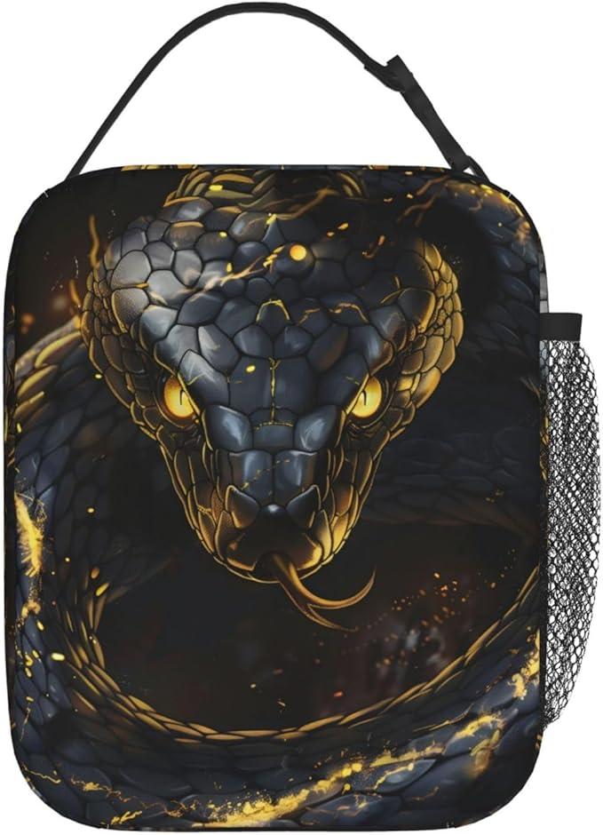 Fierce Snake Lunch Box for Women Adults Kids, Insulated Cooler Polyester Glowing Gold Accents Lunch Bag for Picnic, School, Office, Travel, Work, Portable Reusable Tote Thermal Lunch Bags