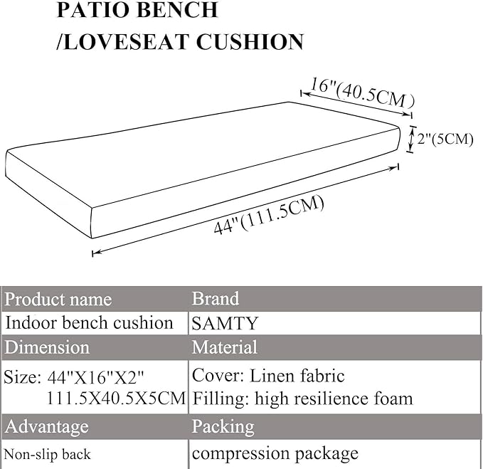 Bench Seat Cushion Memory Foam Chair Pads Non-Slip Rubber Back Indoor Swing/Settee Cushion 44x16Inch, Khaki