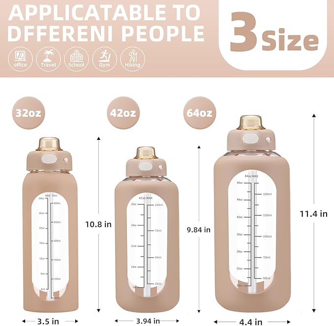 SIEROZUR 42 oz Glass Water Bottle with Straw and Handle, Large Sports Motivational Water Bottle Flask with Time Marker Leakproof Water Jug with Silicone Sleeve for Gym
