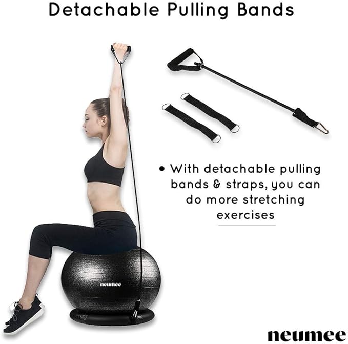 Exercise Ball Chair with Resistance Bands, Yoga Ball Office Chair with Stability Base for Home Gym, Workout Ball for Fitness, Large Size 65 cm