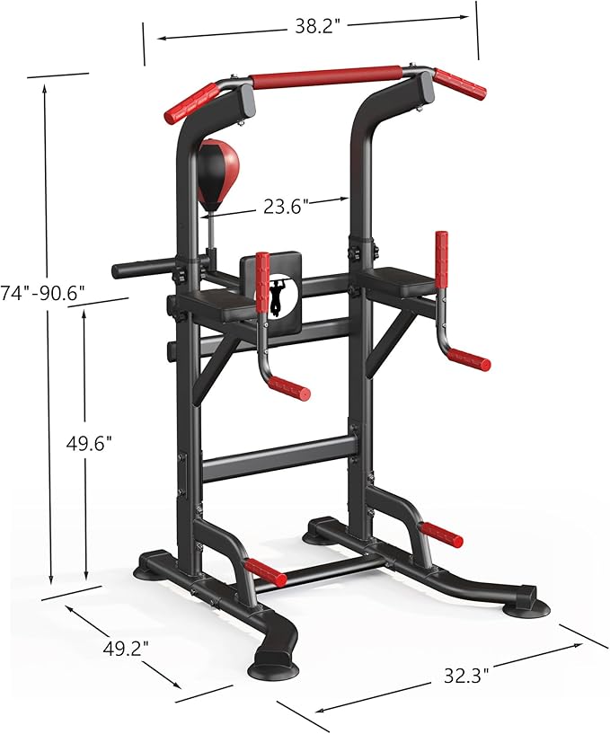 soges Pull Up Bar Dip Station, Power Tower with Boxing Speed Ball & Spinning Target, Adjustable Height Dip Stand Strength Training Fitness Workout Station, Assistive Trainer Pull Up Stand